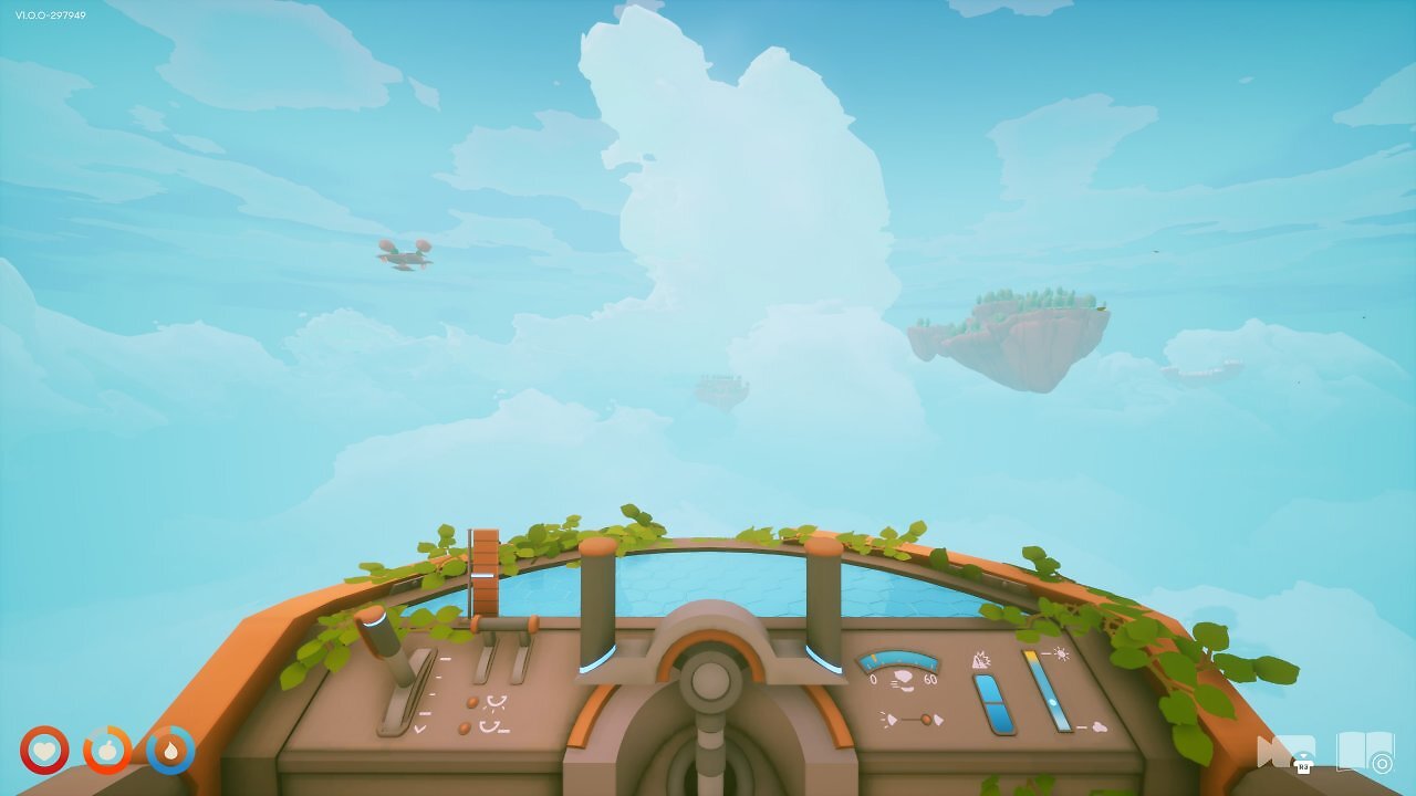 Das Steuerpult eines fliegenden Luftschiffs. Im Hintergrund sieht man schwebende Inseln.