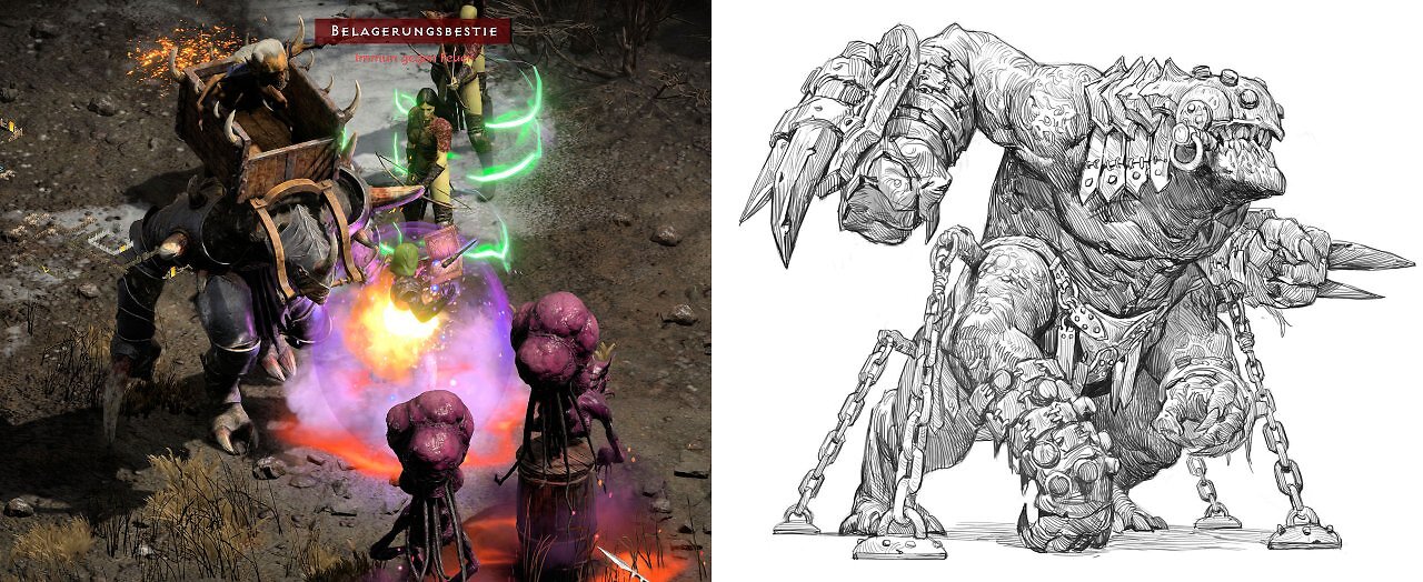 Zweigeteilte Bildmontage von Diablo-Gegnern. Linke Hälfte: Ein Ingame-Screenshot aus Diablo 2 Resurrected zeigt die Belagerungsbestie in Akt 5, eine vierbeinige, gepanzerte Kreatur mit einer hölzernen Plattform auf dem Rücken, die von Helden bekämpft wird. Rechte Hälfte: Eine detailreiche Schwarz-Weiß-Konzeptzeichnung der Belagerungsbrecherbestie aus Diablo 3, ein massiver, muskulöser Dämon mit großen Metallplatten auf dem Rücken, Dornen an den Armen und schweren Eisenketten, die an seinem Körper verankert sind.