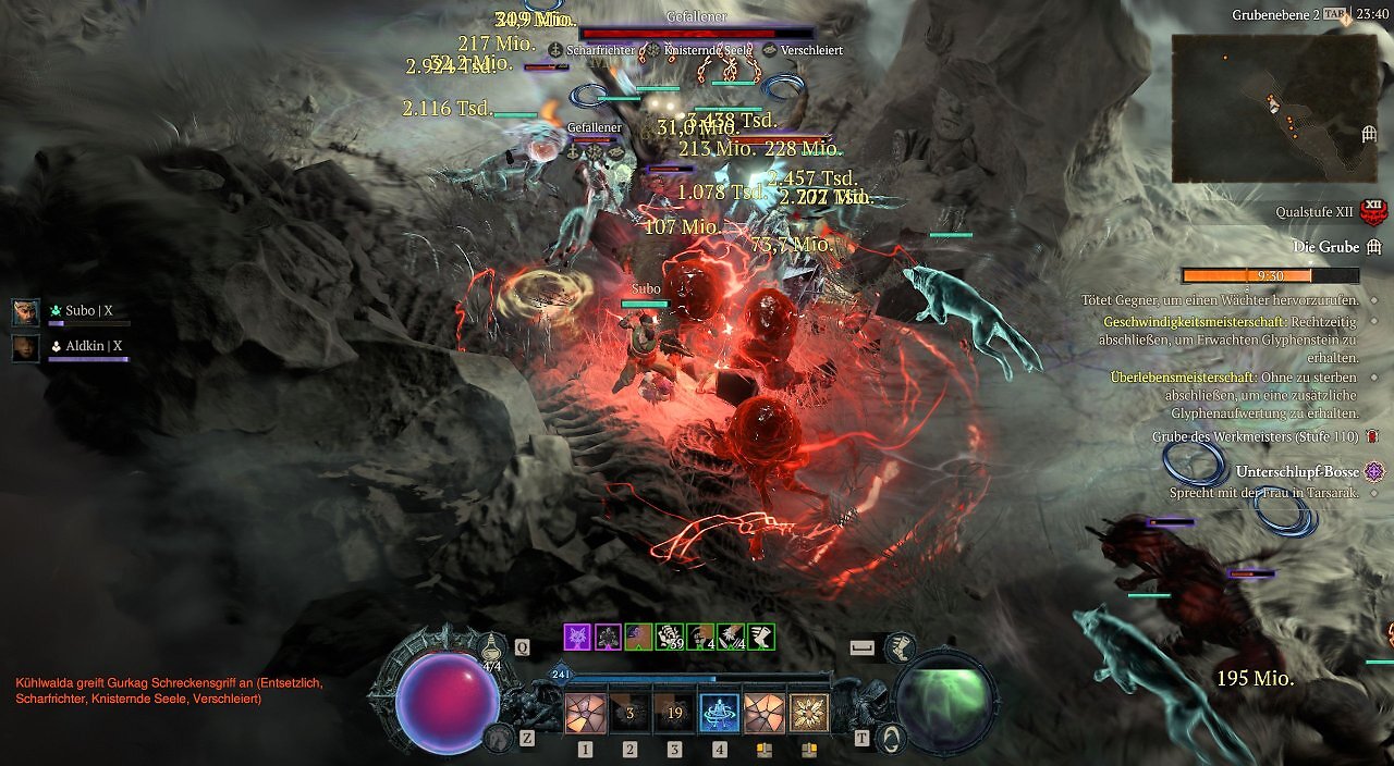 Ingame-Screenshot aus Diablo 4 in der Grube des Werkmeisters (Stufe 110). Der Spieler kämpft gegen eine Elite-Gruppe von Gefallenen-Dämonen. Am oberen Bildschirmrand zeigt die Boss-Lebensleiste die Affixe Scharfrichter, Knisternde Seele und Verschleiert. Zwei hellblau leuchtende, spektrale Geisterwölfe (aus einem Runenwort) kämpfen an der Seite des Spielers. Der Kampfbereich ist von roten Energiewellen und unzähligen Schadenszahlen im Millionen- und Milliardenbereich überflutet. Auf der rechten Seite ist das rote UI-Symbol für Torment XII zu sehen.