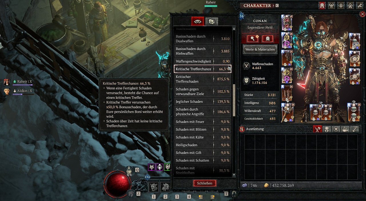 Ein Ingame-Screenshot des Charakter- und Werte-Menüs aus Diablo 4: Lord of Hatred. Auf der rechten Seite ist das Inventar und das Charaktermodell des Barbaren "Conan" in schwerer Rüstung zu sehen. Im Zentrum ist das lange, detaillierte Fenster "Werte & Materialien" geöffnet, das unter anderem "Kritische Trefferchance: 66,3 %" und "Kritischer Trefferschaden: 875,5 %" sowie "Schaden durch physische Angriffe: 186,6 %" auflistet. Auf der linken Seite öffnet sich ein kleineres, schwarzes Tooltip-Fenster, welches die Mechanik der kritischen Trefferchance im Spiel detailliert auf Deutsch erklärt. Am linken Bildschirmrand sind die aktiven Porträts der Söldner "Raheir" und "Aldkin" auf Qual-Stufe X zu sehen.
