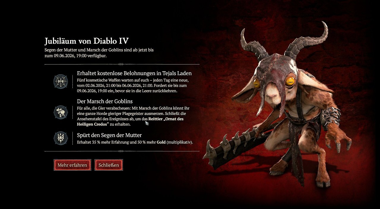 Ein In-Game-Screenshot aus Diablo IV zeigt das Event-Fenster "Jubiläum von Diablo IV". Links steht deutscher Ankündigungstext zu kostenlosen Belohnungen in Tejals Laden, dem Event "Der Marsch der Goblins" und dem Erfahrungs- und Goldbonus "Segen der Mutter". Rechts ist ein kleiner, gehörnter Schatzgoblin mit einer großen Waffe zu sehen.