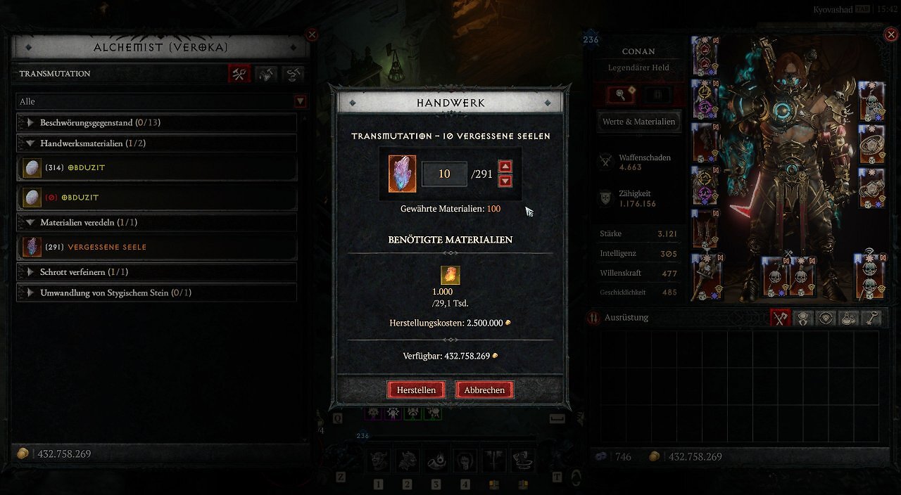 Ein Ingame-Screenshot des Alchemisten-Menüs in Kyovashad aus Diablo 4: Lord of Hatred. Auf der linken Seite ist die Liste für Transmutationen geöffnet, die Kategorien wie "Handwerksmaterialien" und "Materialien veredeln" zeigt. Im Zentrum öffnet sich das "Handwerk"-Fenster für eine Transmutation.