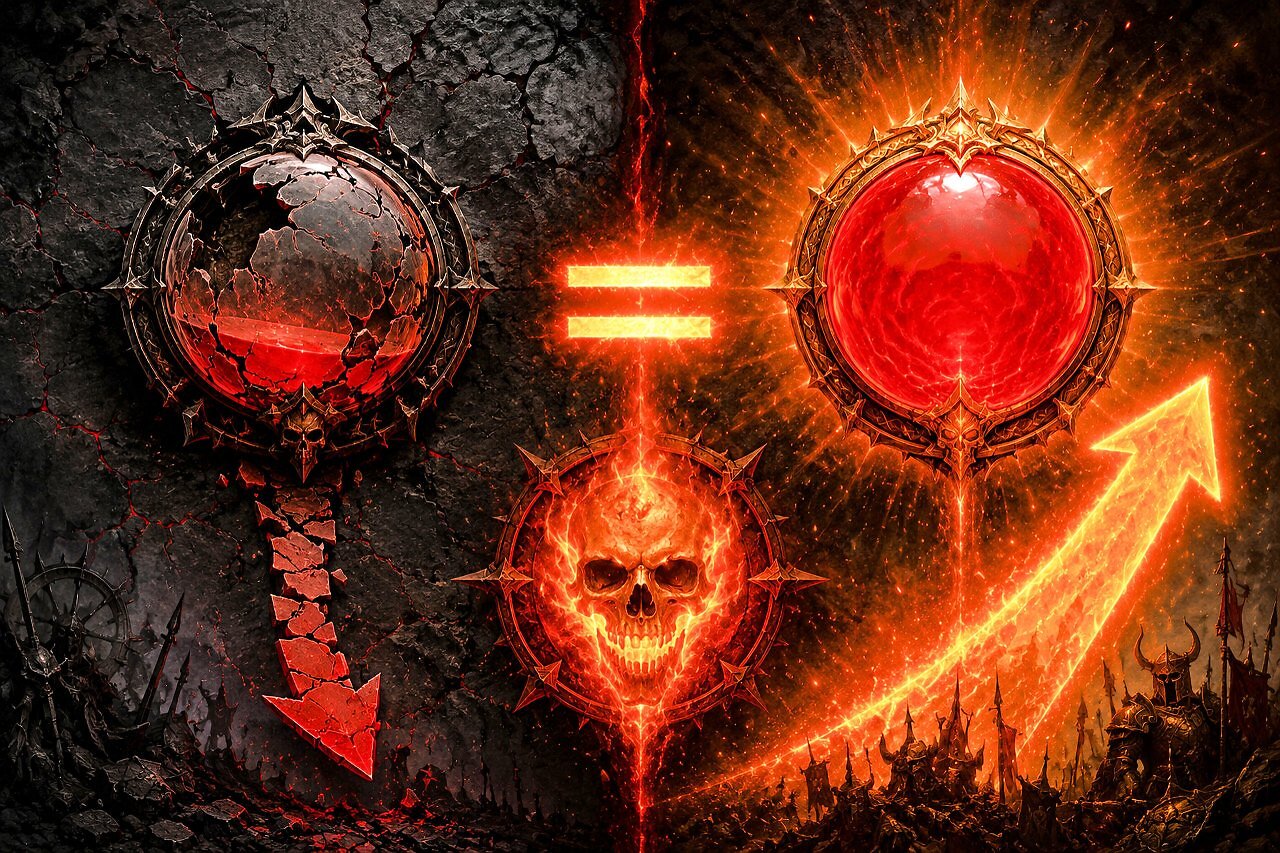 Eine düstere Infografik im Diablo 4-Stil auf rissigem, schwarzem Stein. Links eine zerbrochene, halbleere rote Wutkugel mit einem roten Pfeil nach unten. Rechts eine prall gefüllte, intensiv glühende rote Wutkugel mit einer goldenen Aura und einem großen, feurigen Pfeil nach rechts oben. In der Mitte verbindet ein brennendes Gleichheitszeichen die linke Seite mit einem flammenden Totenkopf im Zentrum, der die Schadensexplosion symbolisiert.
