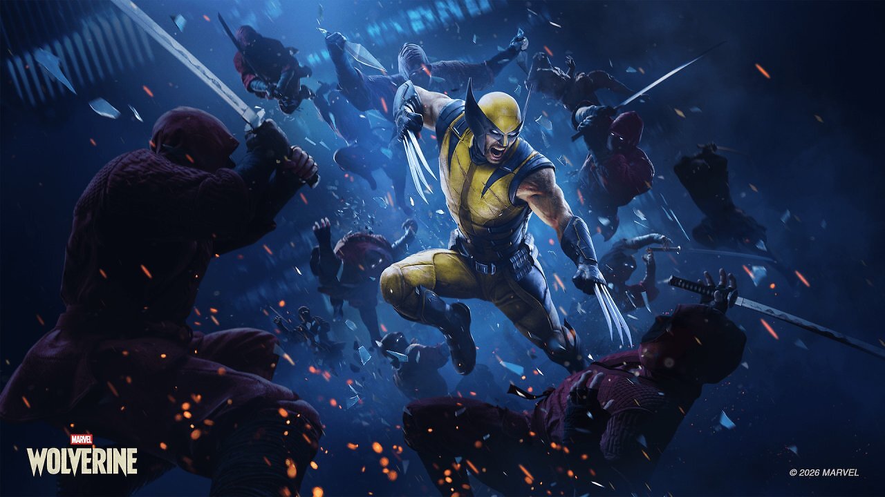 Marvel's Wolverine kämpft gegen in Rot gekleidete, maskierte Gegner mit Schwertern.
