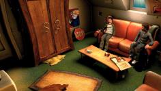 In Simons Realwelt-Zimmer beginnt das Abenteuer. Der Jungzauberer und sein Bruder streiten sich wegen des TV-Programms. Das liebe Brüderchen pfeffert Simon schließlich die Fernbedienung an die Rübe. (PC) 