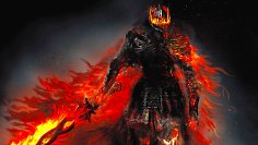 Der Endgegner "Soul of Cinder" aus Dark Souls 3 steht vor schwarzem Hintergrund.