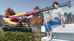 Ein Kranwagen aus RoadCraft neben einer Frau und einer Katze aus inZOI