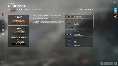 Battlefield 1: Battlepacks gibt es in drei Varianten: Je teurer das Pack, desto seltener der Inhalt. Die Liste rechts zeigt an, welche Gegenstände ihr erhalten könnt.