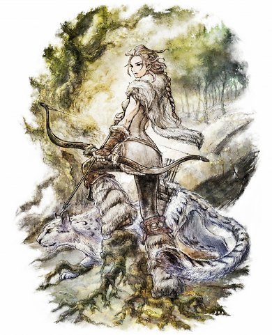 H'aanit: Auch wenn sie nach dem hebräischen Wort für „Speer“ benannt ist, greift die introvertierte Jägerin aus dem tiefen Waldland im Kampf lieber zu Axt, Bogen und der Hilfe verbündeter Tiere – allen voran ihrer treuen Schneeleopardin Linde. Ebenso wie Olberic kann H’aanit andere Personen zum Duell fordern, verlässt sich hier aber ganz auf ihre Bestien.
