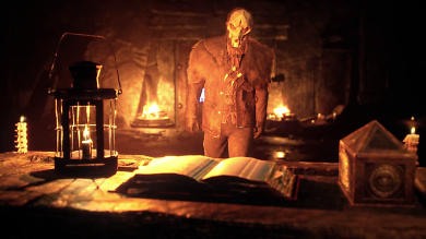 Der böse Bube trägt eine Wolfsschädel-Maske, einen Wolfspelz über den Schultern und geht auf ein dickes, altes Buch zu.