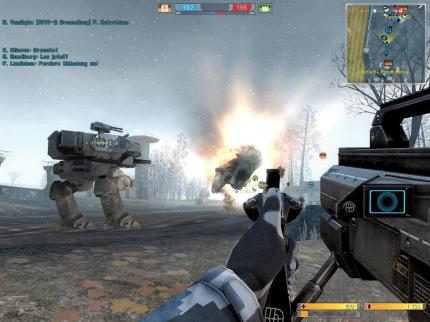 Schneetreiben: Gegen einen gezielten Schuss aus dem Raketenwerfer ist selbst ein Mech machtlos. (PC) 