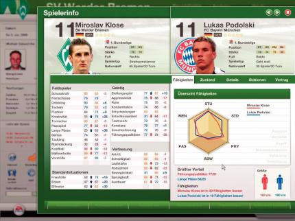 Lieber Poldi oder Klose? Im nützlichen Vergleichsbildschirm können wir den zu unserem Team besser passenden Starstürmer ermitteln. 
