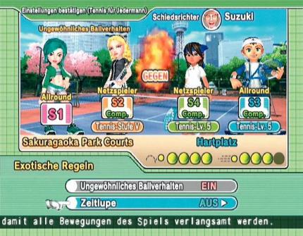 Handicaps: Bei Einzelspielen können Sie exotische Regeln wie Ungewöhnliches Ballverhalten und Zeitlupe aktivieren. 