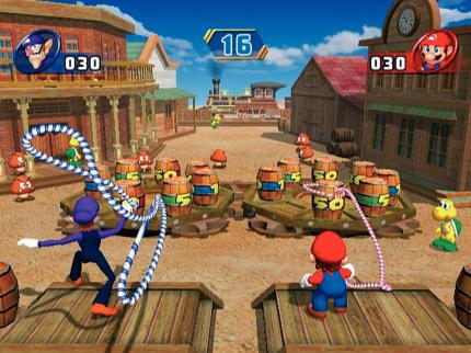 Waluigi und Mario werfen per Wii-Remote ihre Lassos aus. Spielt man nur zu zweit, muss man jetzt nicht mehr auf die Performance der CPU-Gegner warten. (wii) 