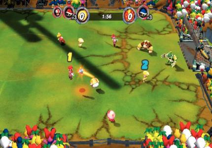 Die Kameraperspektive bietet einen guten Überblick über das Spielfeld. Neben dem Torstand werden Special-Items angezeigt. (Wii) 