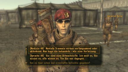 Corporal Betsy in Camp McCarran überzeugen wir entweder durch überragende Medizin- und Sprache-Werte, oder aber wir reden mit ihren Kollegen von der Ersten Aufklärung und benutzen deren Argumente, damit die traumatisierte Betsy ihren Heilungsprozess beginnt.
