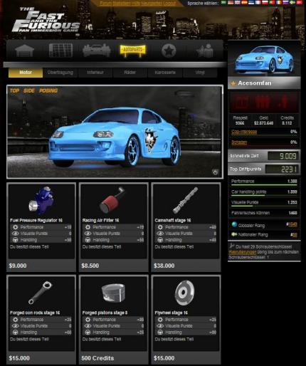 Der übersichtliche Ingame-Shop von Fast & Furious - Fan Immersion Game lässt Tuner-Herzen höher schlagen. 