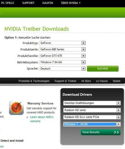 Wahlfelder zum Treiberdownload bei Nvidia (oben) und AMD (unten)
