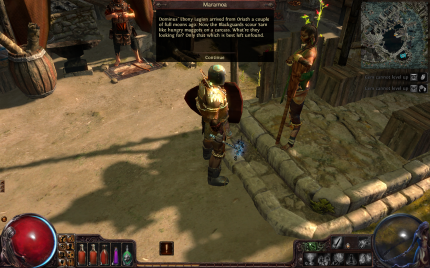 Path of Exile im Test: Spärlich verteilte NPCs, die mit guten Sprechern vertont sind, erzählen ein bisschen was zur Story. Doch Zwischensequenzen sucht man vergeblich.
