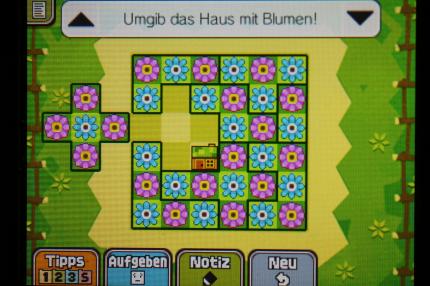Professor Layton und das Vermächtnis von Aslant: Hier seht ihr die korrekte Anordnung der Holzblöcke, um Rätsel 014: Blumiger Vorgarten abzuschließen.