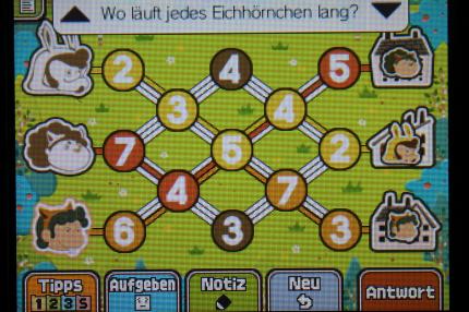 Professor Layton und das Vermächtnis von Aslant: Hier könnt ihr den Weg sehen, den die Eichhörnchen gehen müssen, um Rätsel 049: Der Weg der Eicheln 2 abzuschließen.