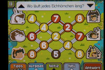 Professor Layton und das Vermächtnis von Aslant: Hier könnt ihr den Weg sehen, den die Eichhörnchen gehen müssen, um Rätsel 040: Der Weg der Eicheln abzuschließen.