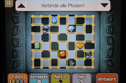 Professor Layton und das Vermächtnis von Aslant: Um Rätsel 043: Schmuckrettung korrekt zu lösen, müssen die Seile wie auf der Grafik gespannt werden.