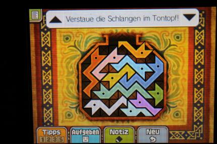 Professor Layton und das Vermächtnis von Aslant: Hier seht ihr die korrekte Anordnung der Schlangen, um Rätsel 083: Schlangentopf 2 abzuschließen.