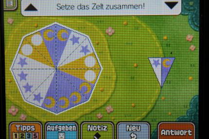 Professor Layton und das Vermächtnis von Aslant: Professor Layton und das Vermächtnis von Aslant: So müssen die Zeltstücke angeordnet werden, um Rätsel 098: Sorge am Berg erfolgreich abzuschließen.