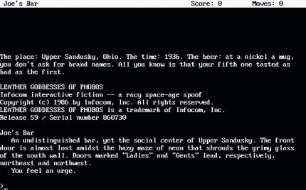 'Du hast ein dringendes Bedürfnis': In keinem anderen Spiel darf man die Wahl des Geschlechts auf eine solch natürliche Weise bestimmen. (Leather Goddesses of Phobos) Quelle: PC-Version, DOSBox
