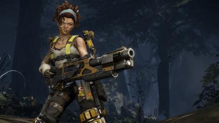 Sunny trägt die mächtigste Waffe von Evolve: Einen Mininuke Werfer!