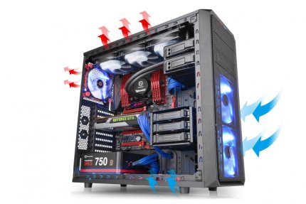 Luftströme am Beispiel eines Thermaltake Versa H35, falls man dabei alle Lüfterplätze belegt.