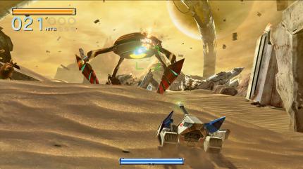 Auf dem Boden: Man besucht mit Fox unterschiedliche Planeten und somit auch Klimazonen. Der Airwing befindet sich gerade in Panzerform. (Wii U)