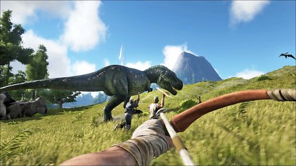 Drei Spieler kämpfen gegen einen Tyrannosaurus Rex.