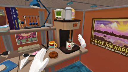 Erstmal ein Kaffee, bevor die Arbeit beginnt. Wirklich unter Stress steht ihr beim Job Simulator aber nicht, es gibt keine Zeitlimit für eure Aufgaben.