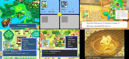 Wenn es eins gibt, auf das man sich in den Mystery-Dungeon-Teilen verlassen kann, dann auf Ladenbesitzer Kecleon (links in Team Blau, mittig in Erkundungsteam Himmel und rechts in Super Mystery Dungeon).