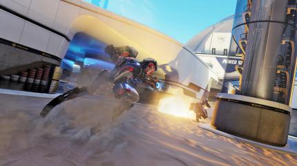 Rigs - Mechanized Combat League: Die Hersteller-Screens können den tatsächlichen VR-Bildeindruck nur andeuten. Rigs ist an sich ein spaßiges Onlinespiel, allen Reisekrankheitgeplagten raten wir aber von diesem Spiel ab. (PS4)