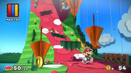 Die Welt steht kopf bei Mario. Einige Shyguys haben nichts Besseres zu tun, als die papierige Welt ein wenig aufzurollen und so für Chaos zu sorgen.