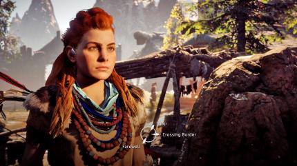 Gesprächig: 
Aloy kann sich mit Dorfbewohnern unterhalten. Das Dialogsystem stellt dabei mehrere Gesprächsthemen zur Auswahl. (PS4)