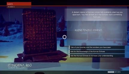 Wer in No Man's Sky fleißig Sprach-Monolithen aufspürt, kann sich später mit Aliens unterhalten.