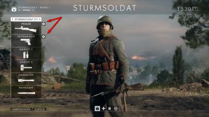 Wo kann ich meine Battlepack-Skins auf die Waffen pappen? Neben Visierkonfiguration und weiteren Einstellungen gibt es hinter den Zahnrädern oben links auch den Menüpunkt 'Optik'.
