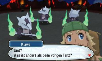 Bei Kiawes Prüfung auf Akala müsst ihr herausfinden, wer falsch tanzt und das diesen dann besiegen. In diesem Fall war es der Wanderer der sich ins Bild gesellt hat.