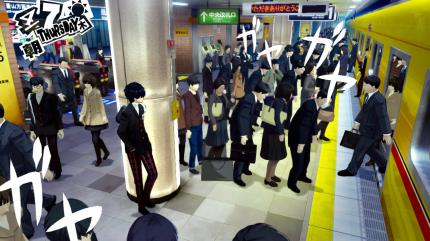 Großstadtalltag: 
Die Menschen drängeln in die und aus der Bahn. Persona 5 will sich mit dem typischen Stadtleben und dessen Problemen auseinandersetzen. (PS4)