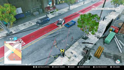 Flugstunde: 
Mit dem RC Jumper und der Quadrocopter-Drohne hat Marcus zwei hilfreiche Gadgets, die Knotenpunkte hacken oder Gegner markieren. (PS4)