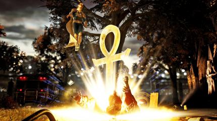 Die meisten Spezialattacken von Dr. Fate werden von einem gigantischen Ankh-Symbol quittiert.