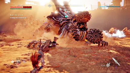Großmaul: Mit am meisten Nervenkitzel erzeugte der Kampf gegen den Steinbrecher. Der Riesenwurm kommt urplötzlich aus dem Boden und schnappt mit seinem Maul nach uns. (PS4)
