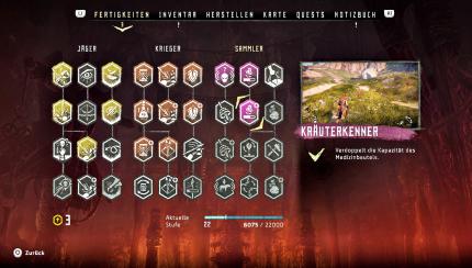 Talentbaum: Die Menüs sind generell angenehm übersichtlich. Mit der Fertigkeit 'Kräuterkenner' verdoppelt ihr die Kapazität des Medizinbeutels - das kann Aloys Leben retten! (PS4)
