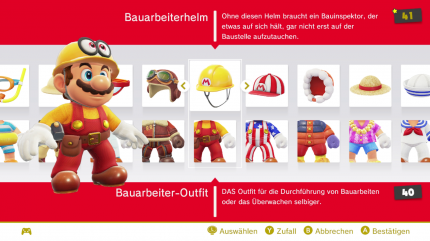 Einmal gekauft, kann man in der Odyssey zwichen einer Vielzahl an Kostümen und Hüten für den Helden wählen. Viele davon stellen Hommagen an frühere Mario-Spiele dar.