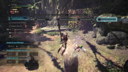 Monster Hunter World - Insektenglefe - Durch R2 + X (RT + A) katapultiert ihr euch in die Luft und wirbelt mit Kreis wiederholende Attacken raus.