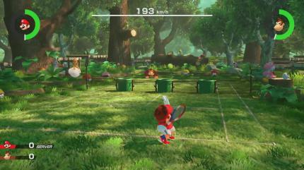 Das Tennis-Match gegen Donkey Kong findet ganz stilecht in einem Wald statt; inklusive Gras auf dem Platz!